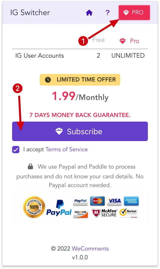IG Switcher chrome extension subscribe pro